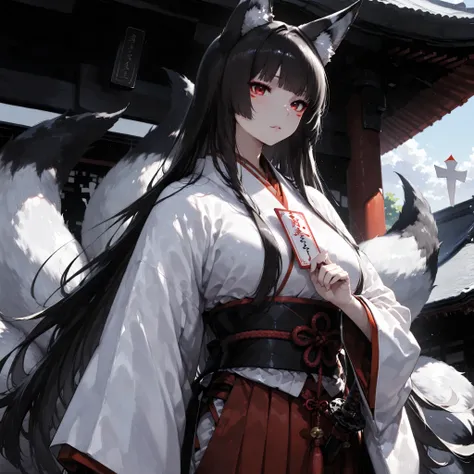 (anime:1.4),(solo:1.5), (:1.5), (adult female)、girls, Nine-Tailed Fox, , dark haired, long hair, Animal ears, , , Fox,, 、  　 白いNine-Tailed Foxの尻尾　beautiful eye drawing　best details　　 Japanese sword　 Maiden Outfit　Shinto suits　Ceremony Card　Shikigami Tsuki ...