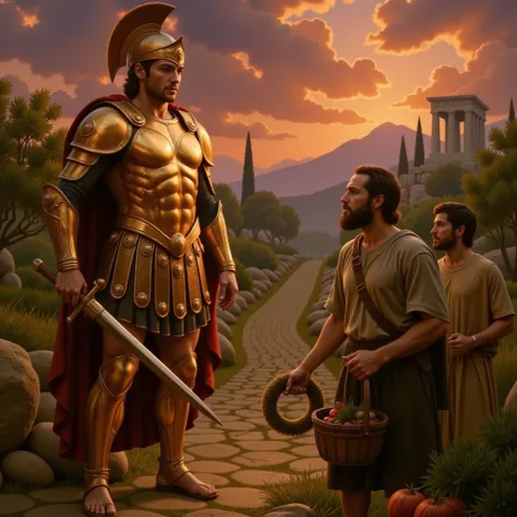 Cycnus, the fearsome warrior son of Ares, in gleaming golden armor, surrounds two traveling pilgrims of Apollo on a winding stone road toward the temple of Delphi. The Greek sky is the orange hues of dusk, with dramatic clouds illuminated by the setting su...