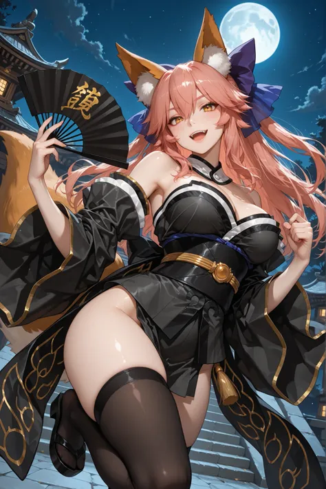 1girl,tamamo (fate), obi, animal ears, open mouth, fox girl, fox ears, animal ear fluff, hair bow, detached sleeves, short kimono, wide sleeves, japanese clothes, thighhighs, alternate color, kimono, bow, thighs, sash, outdoors, in the temple, night, full ...