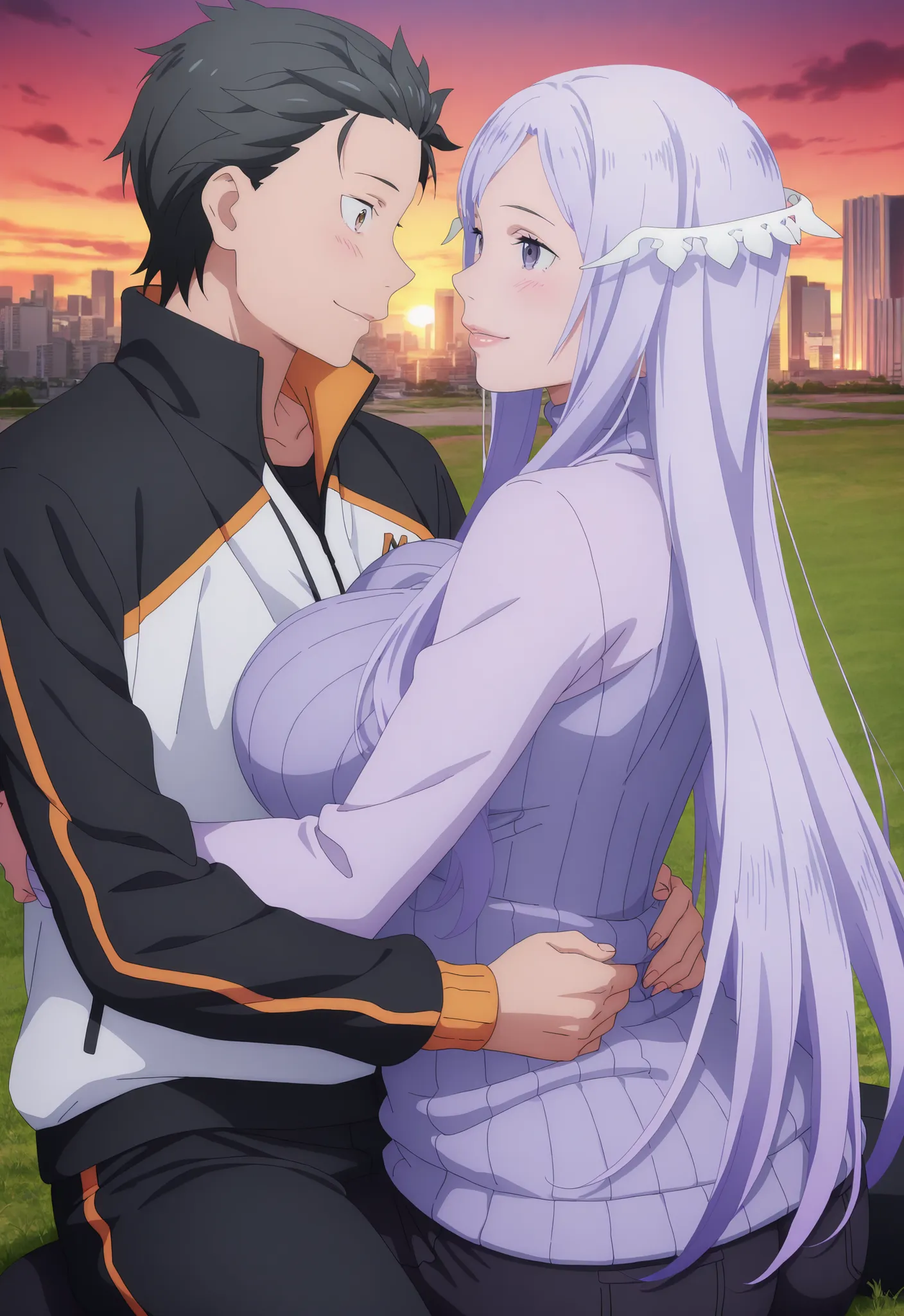 anime screencap, anime coloring, detailed background, screencap, quinella, 1girl, Mature Female, long hair, light purple hair, purple eyes, hug breasts, big butt, ((turtleneck sweater, black pants,)), smile, Lips, view detailed body, (((Sexy,))) ((turtlene...