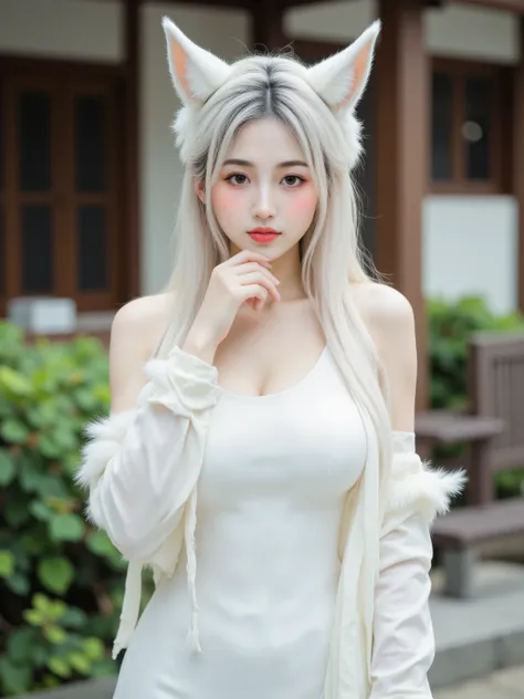 Beautiful white-haired fairy fox woman smiling in front of a high quality traditional Japanese wooden house,holding her fingers around her mouth and being quiet,wearing a white kimono with long white fox ears and 9 white fox tails,4K,8K,high res,Masterpiec...