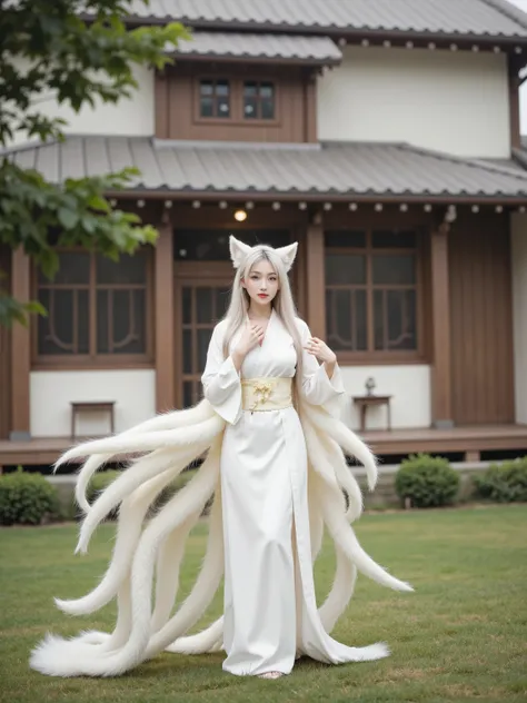 Beautiful white-haired fairy fox woman smiling in front of a high quality traditional Japanese wooden house,holding her fingers around her mouth and being quiet,wearing a white kimono with long white fox ears and 9 white fox tails,4K,8K,high res,Masterpiec...
