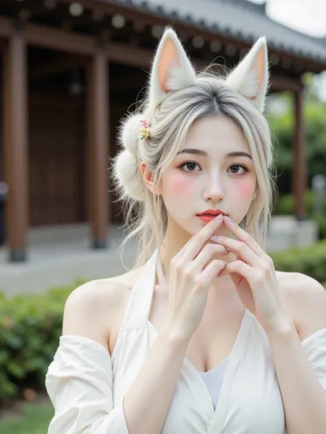 Beautiful white-haired fairy fox woman smiling in front of a high quality traditional Japanese wooden house,holding her fingers around her mouth and being quiet,wearing a white kimono with long white fox ears and 9 white fox tails,4K,8K,high res,Masterpiec...