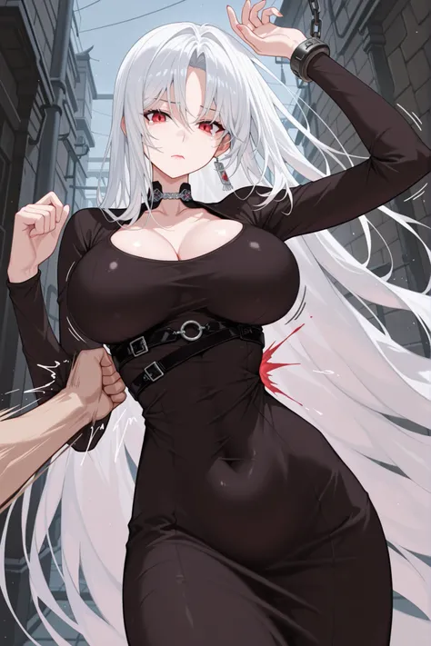 masterpiece,best quality,highres,Super detailed,very detailed,highest quality,super detailed,high quality,high-definition,extremely detailed, absurdres,perfect lighting,outdoors,hanging all hands over head,hanging two hands over head,chain restrict her wri...