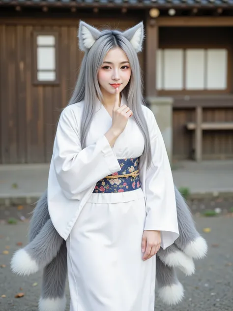 A beautiful fairy fox woman smiling in front of a traditional Japanese wooden house, putting her index finger on her mouth and making a quick gesture, wears a white kimono with long gray hair, big white fox ears, 9 fox tails,