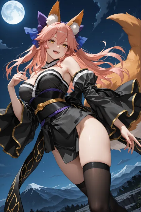 1girl,tamamo (fate), obi, animal ears, open mouth, fox girl, fox ears, animal ear fluff, hair bow, detached sleeves, short kimono, wide sleeves, japanese clothes, thighhighs, alternate color, kimono, bow, thighs, sash, outdoors,standing on top of a mountai...