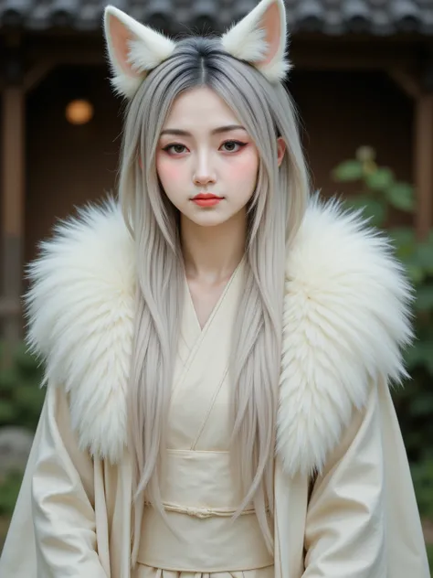 Beautiful fairy fox woman smiling in front of a traditional Japanese wooden house, wears a white kimono with long gray hair, big white fox ears, 9 fox tails,