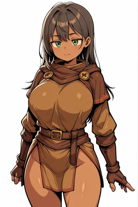 young small short girl, solo, large breasts, long hair, standing, brown adventurer outfit, white background, confident, lonarpg style