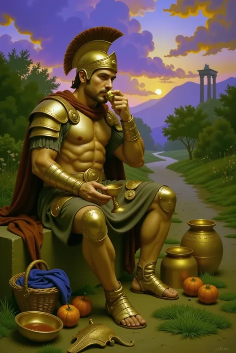 Cycnus, son of Ares, sits at the edge of a dusty path in the golden light of dusk. His eyes gaze at the horizon as he rests among the spoils of battle—broken helmets, ornate swords, and lion skins. He is serene, almost contemplative, with a bronze chalice ...