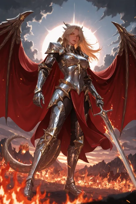 alta qualidade, obra-prima, detailed photograph a warrior girl, athletic and toned body, silver metal armor decorated with gold details, ornate shoulder protectors, metal arm straps, knee-high combat boots, flowing red cape , long hair loose in the wind, ...