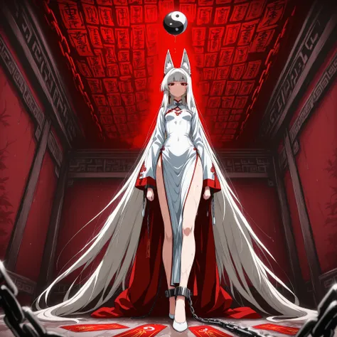 masterpiece, best quality, amazing quality, very aesthetic, foreshortening, 1 girl, BREAK,
white long hair, long hair, long bangs, small breast, skinny, fox ears, nine tails, very long tails, white cheongsam, long sleeves, red eyeshadow in corner of eye...