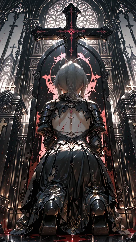 ((Put one knee on the ground)), squat, ((pray)), from behind, ((solo)), flat color
BREAK
masterpiece, highest quality, Ultra High Quality, k, Beautiful and delicate girl, (nup, ripped and torn and tattered:1.2),
1 girl, ash gray hair, ((pray)), antenna hai...