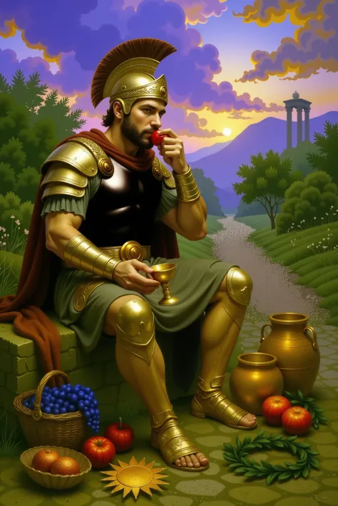 Cycnus, son of Ares, sits at the edge of a dusty path in the golden light of dusk. His eyes gaze at the horizon as he rests among the spoils of battle—broken helmets, ornate swords, and lion skins. He is serene, almost contemplative, with a bronze chalice ...