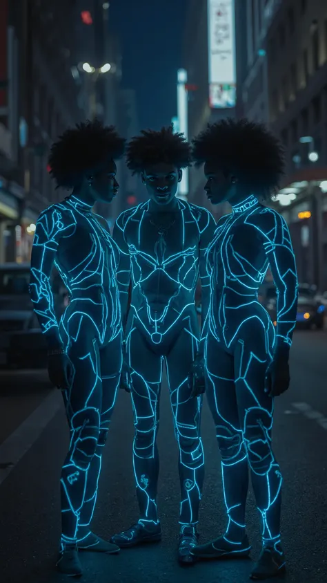 A dark, low-light, and moody urban scene with a shallow depth of field, featuring soft, out-of-focus bokeh lights in the background. The primary light source is artificial, characterized by vibrant, glowing neon blue outlines that trace the contours of the...