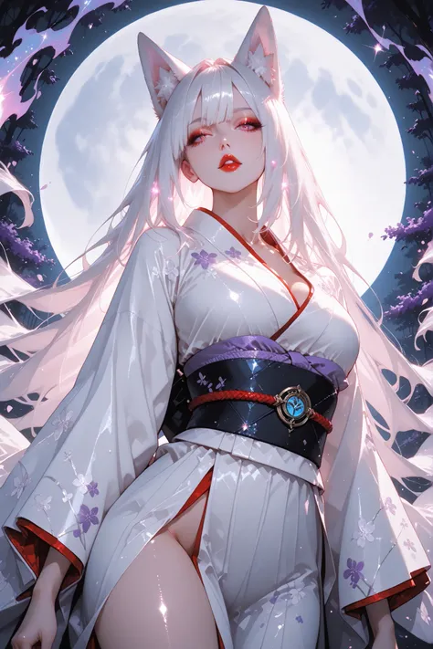 masterpiece, best quality, bright, very aesthetically pleasing, high contrast, newest, 1 divinely beautiful adult fox woman, nine-tailed fox woman, girl with fox ears, pinkish white hair, shiny hair, wearing a beautiful kimono with slits on both sides, lil...