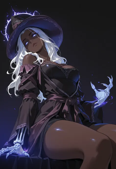 masterpiece,best quality, anime, RecluseER, 1girl, white hair, dark skin, from below, expressionless, , sitting, head tilt, dutch angle, outstretched handskeletal disembodied hand, purple blue magic, solo, claws, cowboy shot , glowing eyes, dimmed, dark ba...