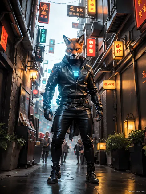 score_9, score_8_up, score_7_up, BREAK 1boy, detailed kitsune (Japanese fox demon) character, wearing cyberpunk inspired mechanical and leather outfit, mischievous, dynamic pose, cinematic lighting, dramatic shadows, vibrant colors, fantasy landscape backg...