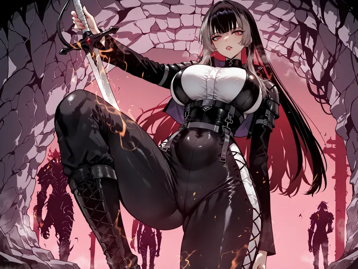 stomp、stompる、soloプレイ、solo、only one person、taken from below、caveの中、Hunter、Ruins、Attach a、black suit、Attach a、sword、Japanese sword、black longsuit、 black long jacket、ゴスロリなshirt、Depressed、Tall Woman、A woman in her thirties、 Alassah's woman、Steins;Gate、 black l...