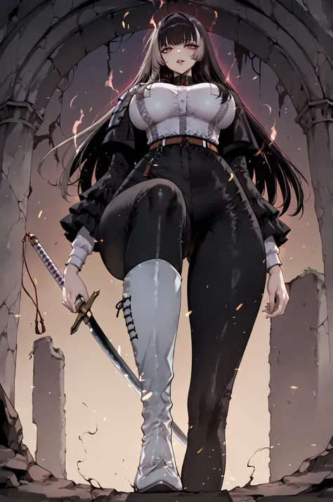 stomp、stompる、soloプレイ、solo、only one person、taken from below、caveの中、Hunter、Ruins、Attach a、black suit、Attach a、sword、Japanese sword、black longsuit、 black long jacket、ゴスロリなshirt、Depressed、Tall Woman、A woman in her thirties、 Alassah's woman、Steins;Gate、 black l...