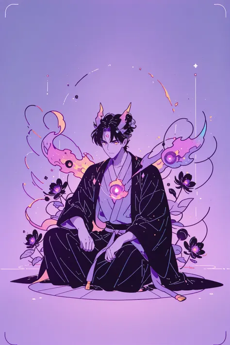 Anime character sitting on the floor on a purple background, Handsome Man in a Magic Spin Picture, color dispersion, magic rotation style, handsome Japanese monster boy, Former Demon King , detailed fan art , full color illustration , Clean line drawings...