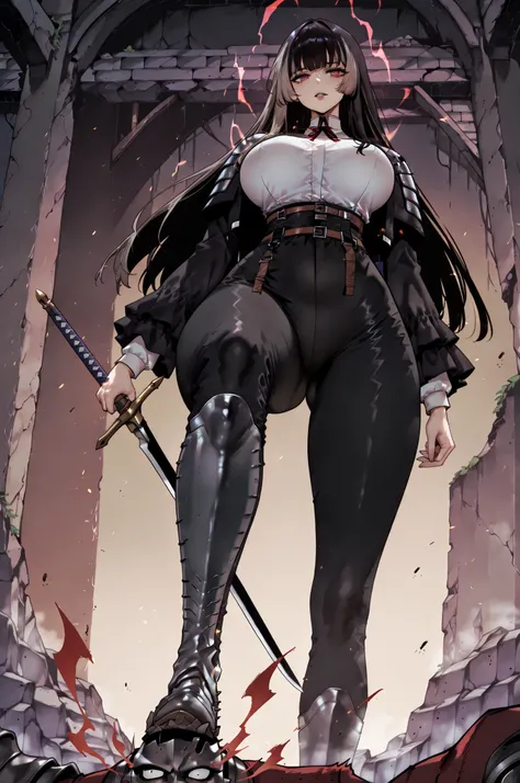 stomp、stompる、soloプレイ、solo、only one person、taken from below、caveの中、Hunter、Ruins、Attach a、black suit、Attach a、sword、Japanese sword、black longsuit、 black long jacket、ゴスロリなshirt、Depressed、Tall Woman、A woman in her thirties、 Alassah's woman、Steins;Gate、 black l...