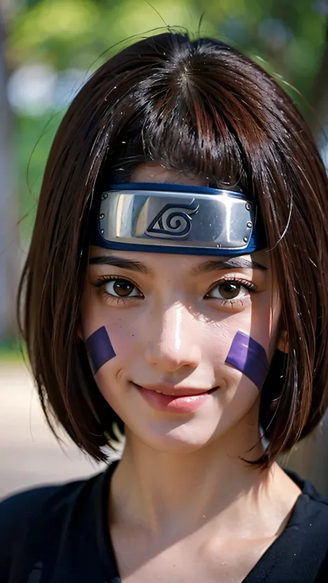 A close-up ultra HD portrait of Rin Nohara from Naruto Shippuden, reimagined as a real-life young woman. She has a kind and beautiful smile, soft brown eyes, and short straight brown hair with bangs, styled exactly like in the anime. Her signature violet c...