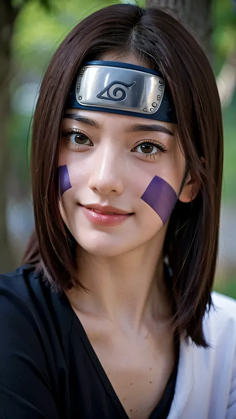 A close-up ultra HD portrait of Rin Nohara from Naruto Shippuden, reimagined as a real-life young woman. She has a kind and beautiful smile, soft brown eyes, and short straight brown hair with bangs, styled exactly like in the anime. Her signature violet c...