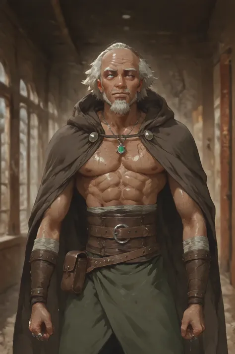 Solo; 1 man, mature man, half_aged man, African skin, wears a hooded cloak that drapes over a rugged tunic, giving off a medieval or fantasy vibe, straps and belts wrap around the waist, securing a pouch at their side. The chest area of the garment is nota...