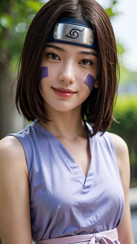 A close-up ultra HD portrait of Rin Nohara from Naruto Shippuden, reimagined as a real-life young woman. She has a kind and beautiful smile, soft brown eyes, and short straight brown hair with bangs, styled exactly like in the anime. Her signature violet c...