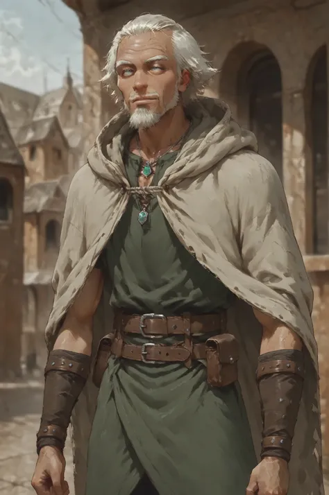 Solo; 1 man, mature man, half_aged man, African skin, wears a hooded cloak that drapes over a rugged tunic, giving off a medieval or fantasy vibe, straps and belts wrap around the waist, securing a pouch at their side. The chest area of the garment is nota...