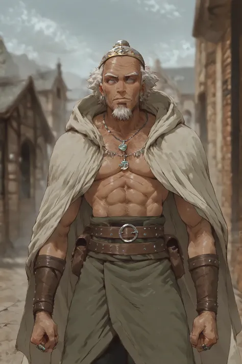 Solo; 1 man, mature man, half_aged man, African skin, wears a hooded cloak that drapes over a rugged tunic, giving off a medieval or fantasy vibe, straps and belts wrap around the waist, securing a pouch at their side. The chest area of the garment is nota...