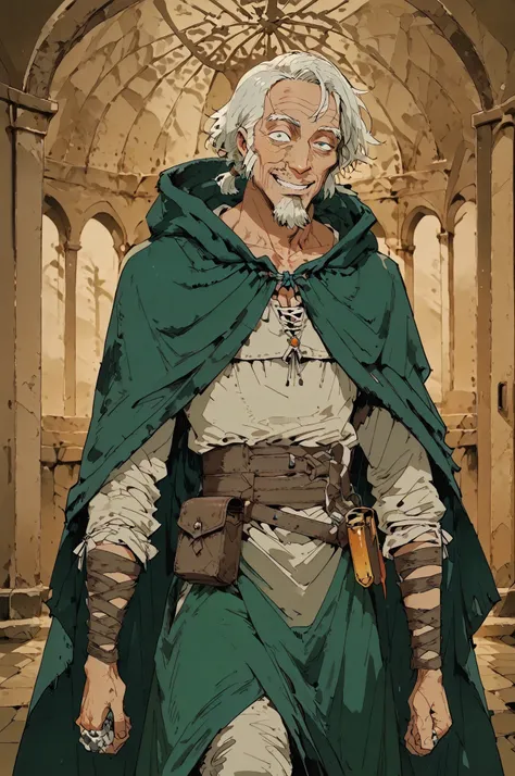 Solo; 1 man, mature man, half_aged man, African skin, wears a hooded cloak that drapes over a rugged tunic, giving off a medieval or fantasy vibe, straps and belts wrap around the waist, securing a pouch at their side. The chest area of the garment is nota...