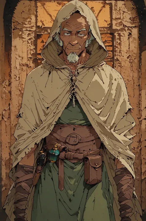 Solo; 1 man, mature man, half_aged man, African skin, wears a hooded cloak that drapes over a rugged tunic, giving off a medieval or fantasy vibe, straps and belts wrap around the waist, securing a pouch at their side. The chest area of the garment is nota...