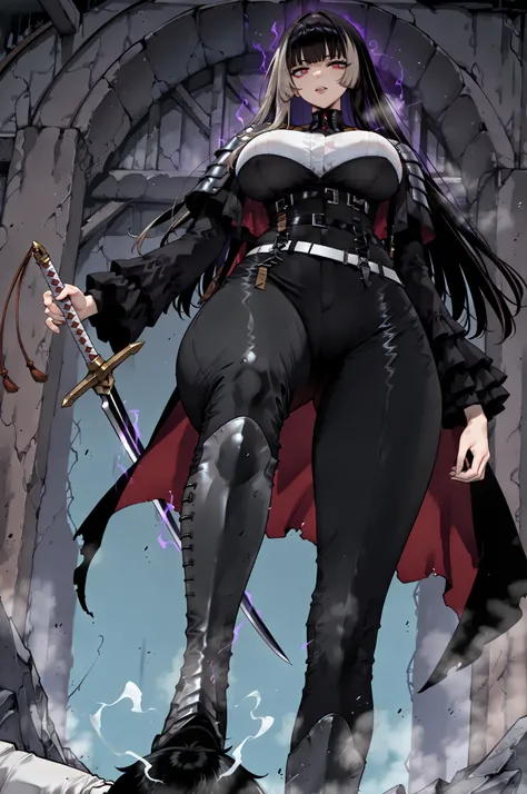 stomp、stompる、soloプレイ、solo、only one person、taken from below、caveの中、Hunter、Ruins、Attach a、black suit、Attach a、sword、Japanese sword、black longsuit、 black long jacket、ゴスロリなshirt、Depressed、Tall Woman、A woman in her thirties、 Alassah's woman、Steins;Gate、 black l...