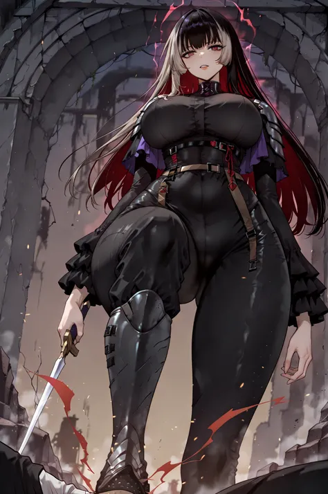 stomp、stompる、soloプレイ、solo、only one person、taken from below、caveの中、Hunter、Ruins、Attach a、black suit、Attach a、sword、Japanese sword、black longsuit、 black long jacket、ゴスロリなshirt、Depressed、Tall Woman、A woman in her thirties、 Alassah's woman、Steins;Gate、 black l...