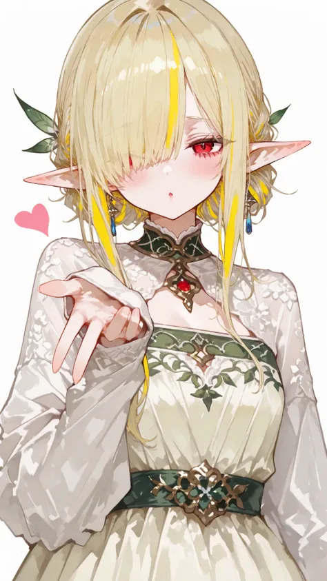 masterpiece, best quality, girl, light yellow hair, red-eyed, Fashion style clothes, meme, Modern hairstyles, Fashionable dress, image like, digital painting, 8k, high detail,Elf ears,white background, hair over one eye,Clothing Sleeves Past Wrists Sleeves...