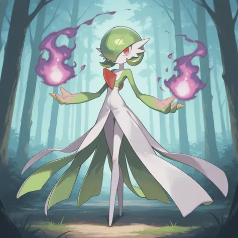 masterpiece, ultra-HD, impressionism, high detail, best quality, very aesthetic, 8k, best quality, beautiful, Gardevoir, 1girl, solo, white skin, green hair, short hair, red eyes, white dress, pokemon (creature), green sleeves, slim, serious, cute, extendi...