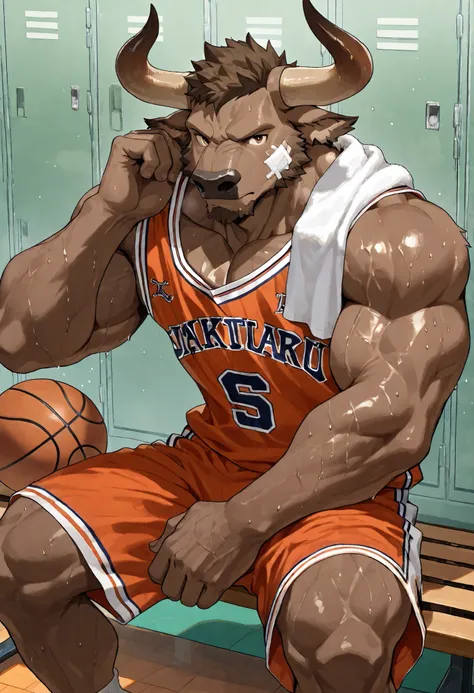 Athlete body, commission for high res, anthropomorphic, there is a brown minotaur, minotaur horns, bandage on cheek, basketball player, basketball outfit, sitting on the bench at locker room, towel on shoulder, sweaty, view from beside, looking at viewer, ...