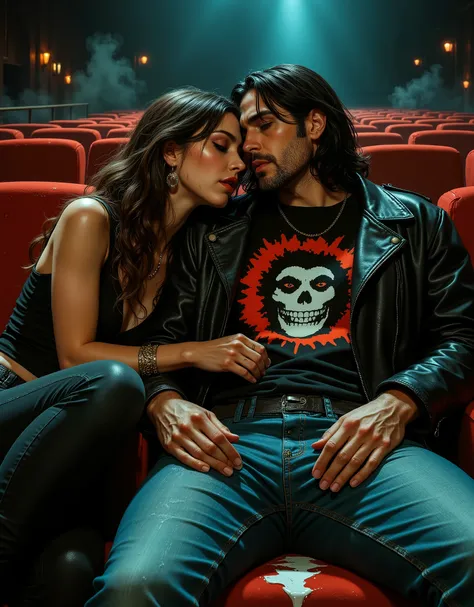A very cute 18-year-old hippie girl snuggling up against a rugged 35-year-old man, wearing a black t-shirt and leather jacket, T-shirt has the Mistfits/ Crimson Ghost logo, he has slick black hair, they are in an old style movie theater, 42nd street style,...
