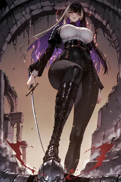 stomp、stompる、soloプレイ、solo、only one person、taken from below、caveの中、Hunter、Ruins、Attach a、black suit、Attach a、sword、Japanese sword、black longsuit、 black long jacket、ゴスロリなshirt、Depressed、Tall Woman、A woman in her thirties、 Alassah's woman、Steins;Gate、 black l...