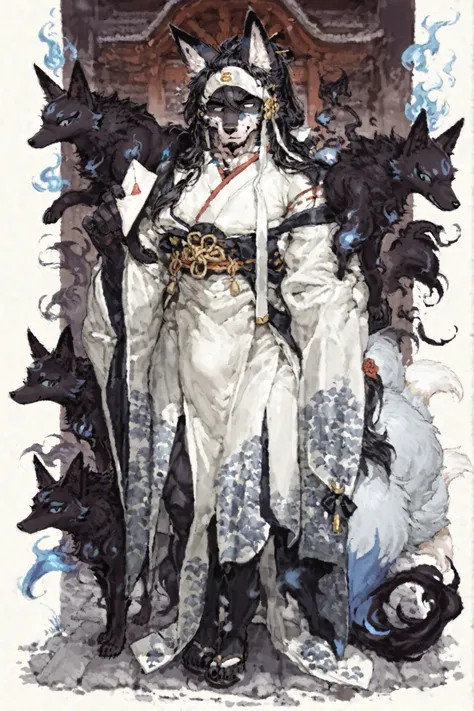 A middle-aged man's demon fox,A male fox with nine tails,is handing a love letter to the nine-tailed fox,black body,wearing blue flames,Strong body ,strong masculine appearance .The Japanese costume of the priest,short black hair,A splendid beard