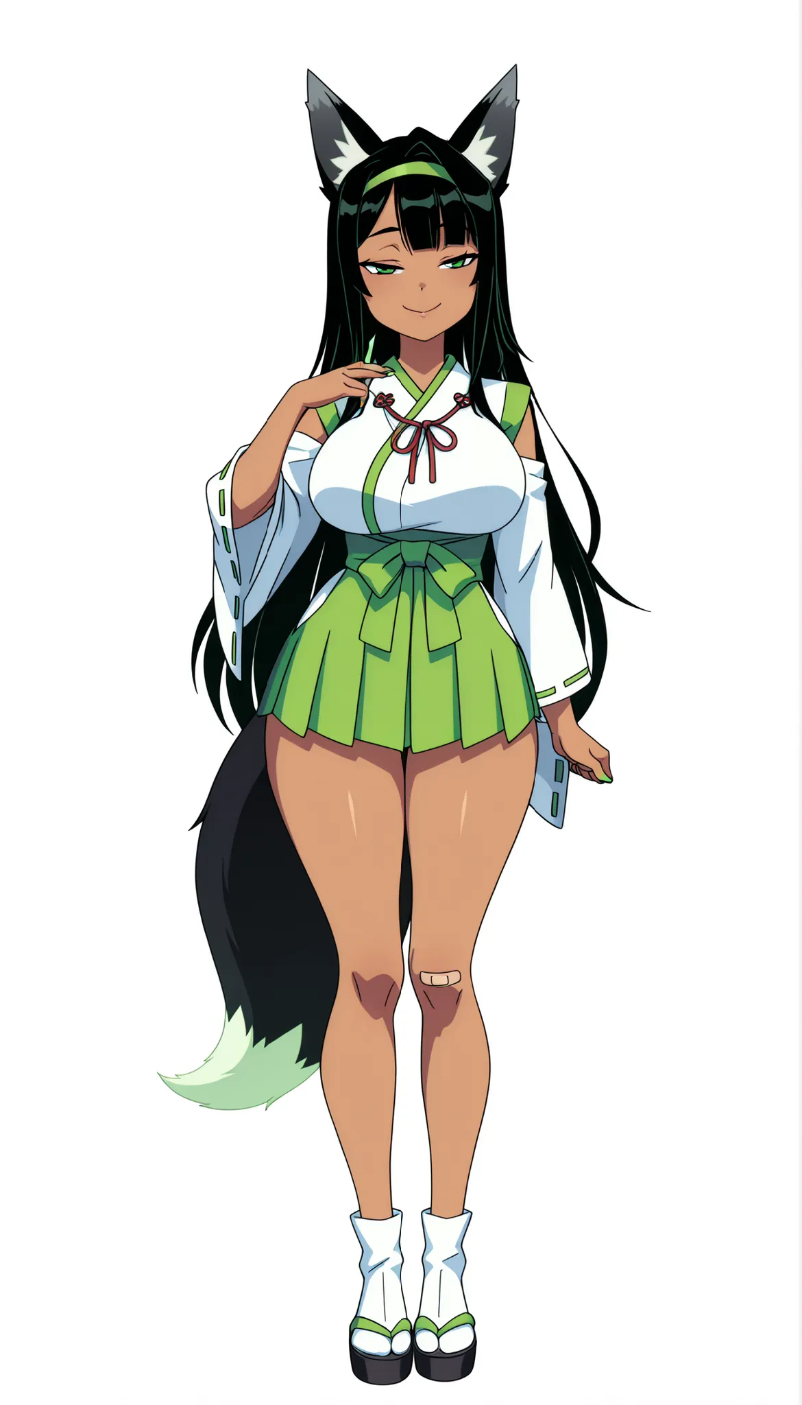 ((Highest Quality)), (Simple background), 1girl, full body, standing, breast, thighs, smile, seductive, half-closed eyes, dark skin, green eyes, black hair, very long hair, side bangs, single hair intake, gyaru, green hairband, bandaids on legs, Full body:...
