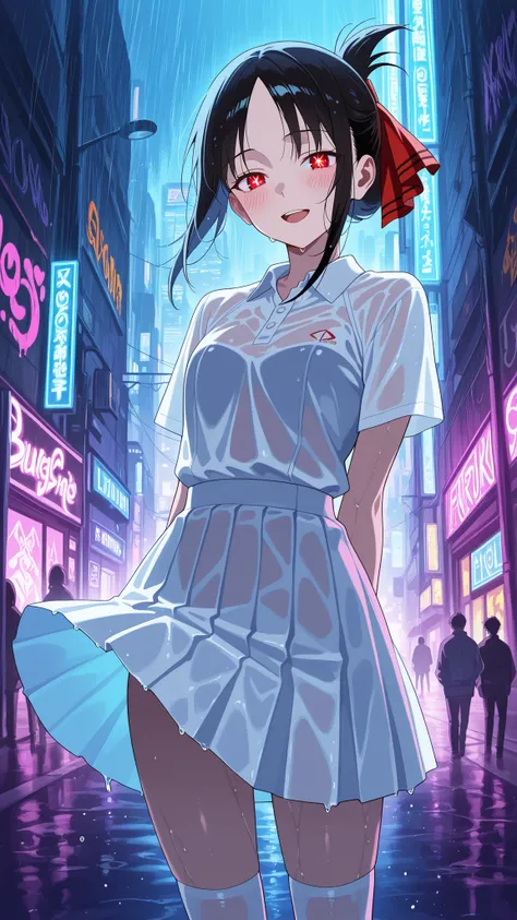 BREAK (masterpiece:1.2), best quality, high resolution, unity 8k wallpaper, (illustration:0.8), (beautiful detailed eyes:1.6),Nighttime urban skatepark glowing with neon lights, rain-soaked concrete reflecting purple and blue tones, colorful graffiti on th...