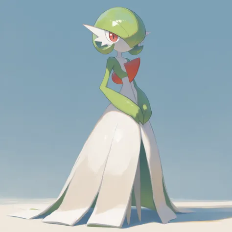 masterpiece, ultra-HD, impressionism, high detail, best quality, very aesthetic, 8k, best quality, beautiful, Gardevoir, 1girl, solo, pokemon (creature), white skin, green hair, short hair, red eyes, white dress, green sleeves, slim, serious, cute, hands o...