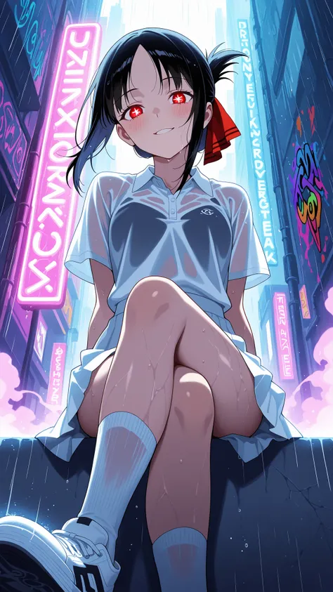 BREAK (masterpiece:1.2), best quality, high resolution, unity 8k wallpaper, (illustration:0.8), (beautiful detailed eyes:1.6),Nighttime urban skatepark glowing with neon lights, rain-soaked concrete reflecting purple and blue tones, colorful graffiti on th...