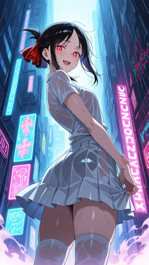 BREAK (masterpiece:1.2), best quality, high resolution, unity 8k wallpaper, (illustration:0.8), (beautiful detailed eyes:1.6),Nighttime urban skatepark glowing with neon lights, rain-soaked concrete reflecting purple and blue tones, colorful graffiti on th...