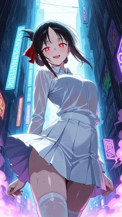 BREAK (masterpiece:1.2), best quality, high resolution, unity 8k wallpaper, (illustration:0.8), (beautiful detailed eyes:1.6),Nighttime urban skatepark glowing with neon lights, rain-soaked concrete reflecting purple and blue tones, colorful graffiti on th...