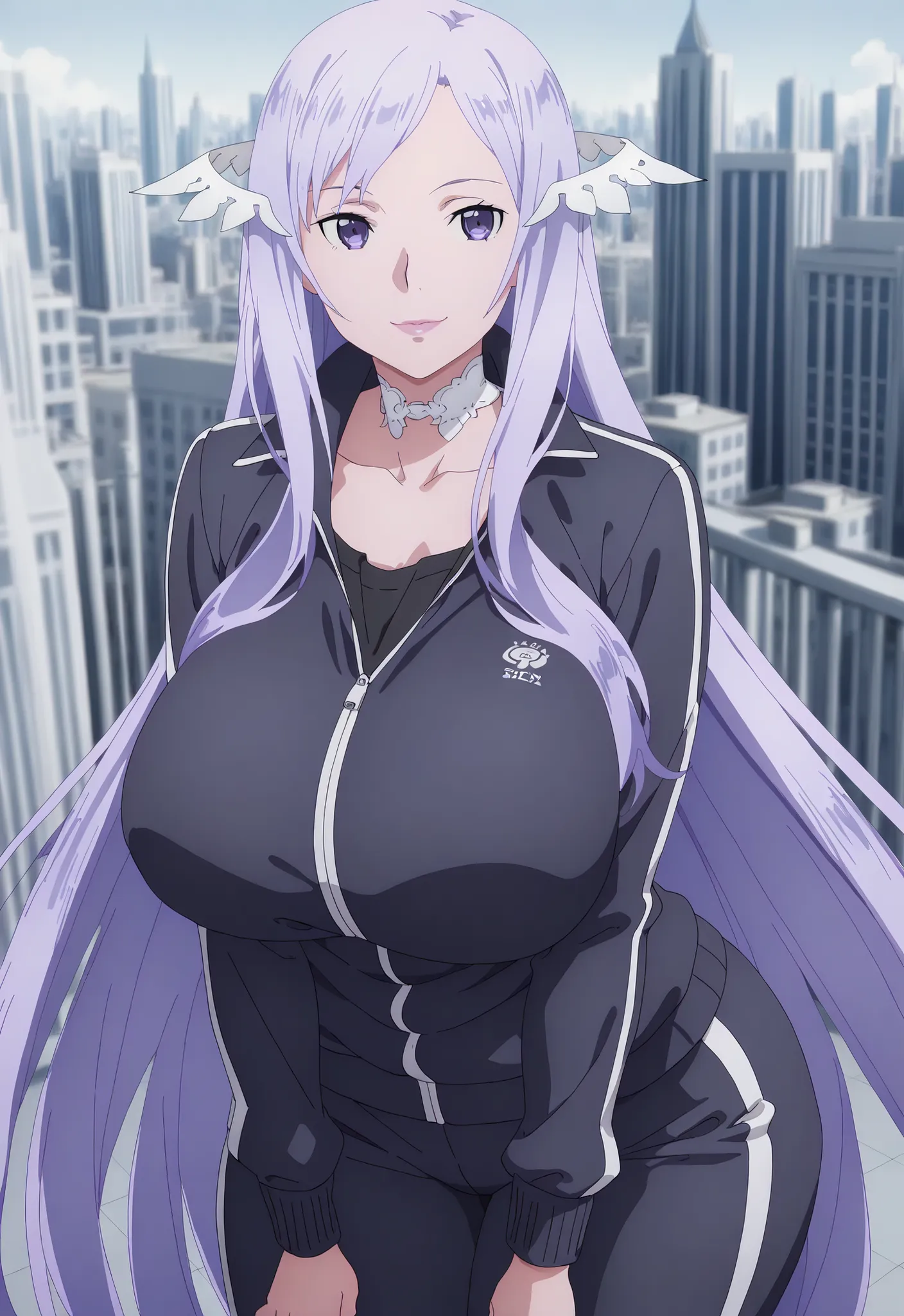 anime coloring, quinella, 1girl, Mature Female, long hair, light purple hair, purple eyes, huge breasts, big butt, smile, Lips, view detailed body, (((Sexy,))) (( track jacket, black pants , track suit , black shirt , collarbone , long sleeves, black pants...