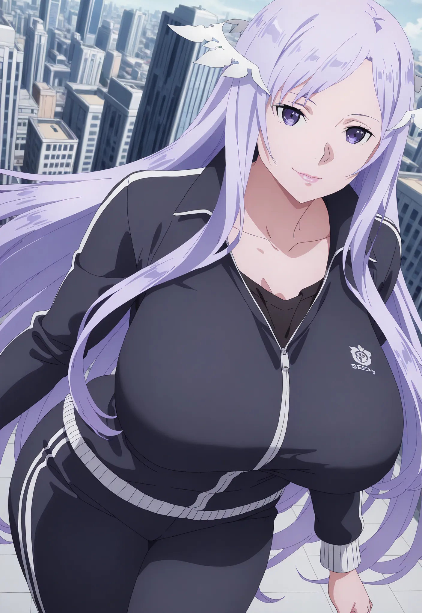 anime coloring, quinella, 1girl, Mature Female, long hair, light purple hair, purple eyes, huge breasts, big butt, smile, Lips, view detailed body, (((Sexy,))) (( track jacket, black pants , track suit , black shirt , collarbone , long sleeves, black pants...