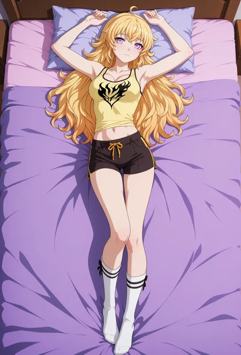 1 girl, solo character, single character, Yang Xiao Long from RWBY, full color, cel shading, vibrant colors, cartoon-style, teenage girl, clean lineart, cel shading, symmetrical face, front view, full body, 2D animation, laying in bed, very long wavy golde...